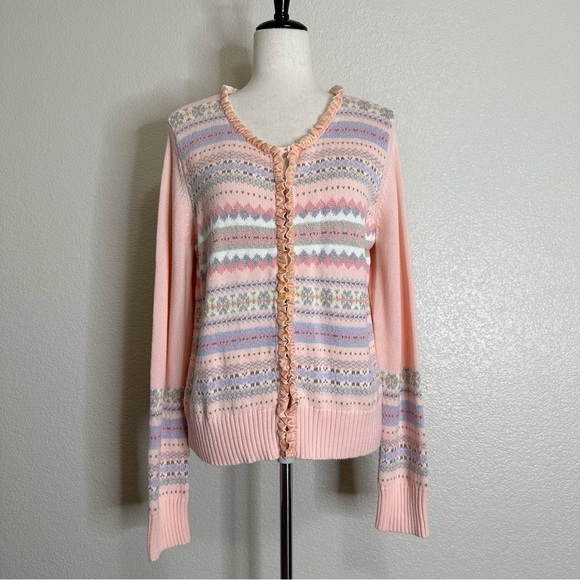 Crazy Horse Liz Claiborne Vintage Velvet Ruffle Pink Knit Cardigan, Size XL - Picture 1 of 13